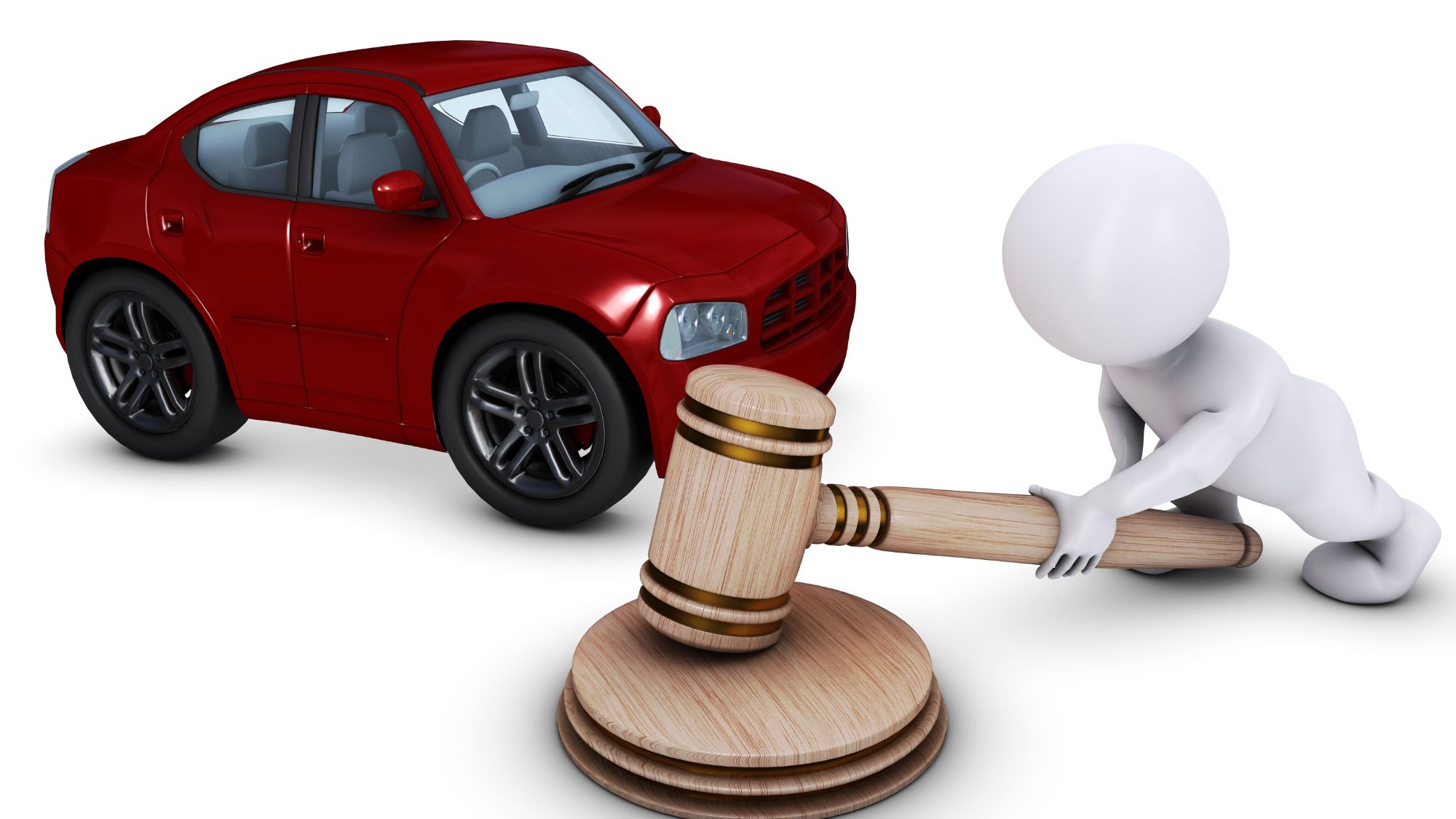 3d man holding a gavel and standing next to a car, representing car inspections legalities