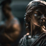Justice lady statue leading custody hearing of a courtroom
