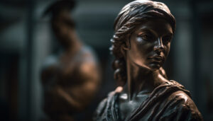 Justice lady statue leading custody hearing of a courtroom