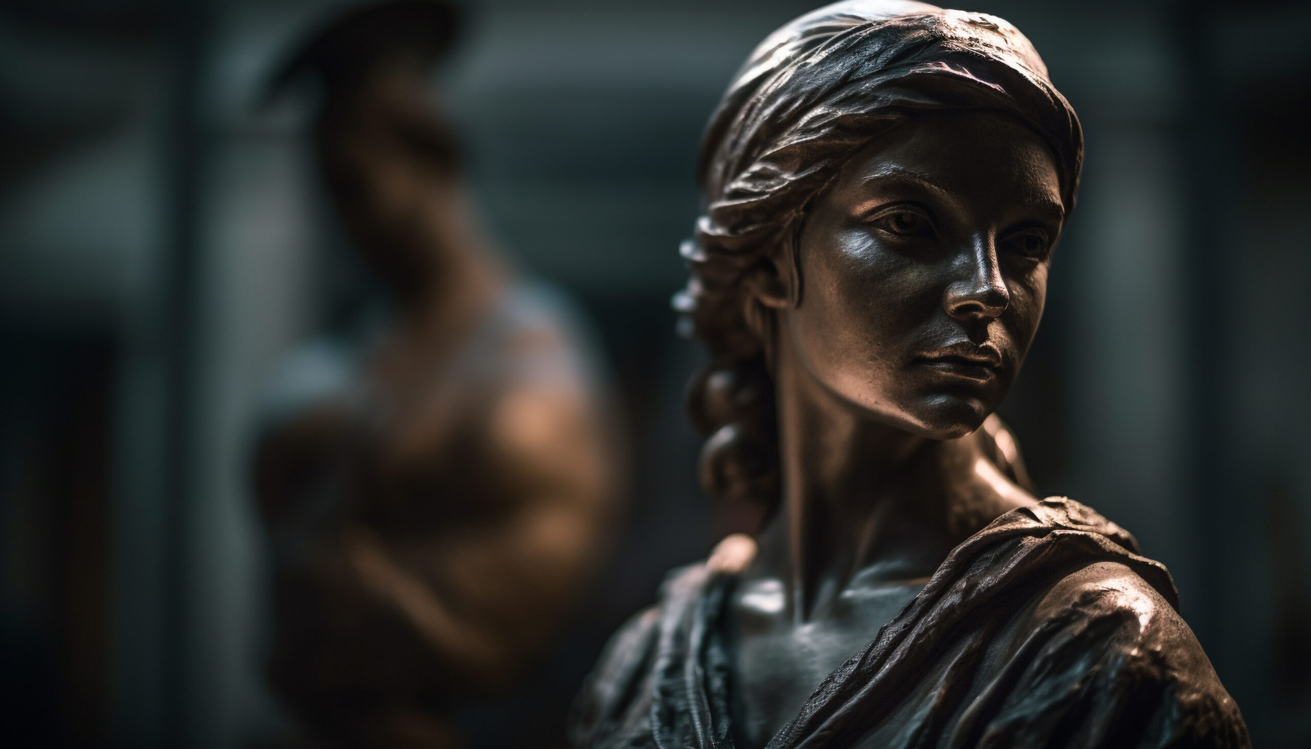 Justice lady statue leading custody hearing of a courtroom