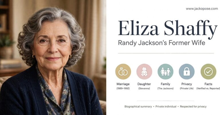 AI-generated photorealistic portrait illustration of Eliza Shaffy in Donna-style composite format — a dignified adult woman portrait on one side and a clean title panel for jackopose.com on the other; not a real photograph of the person.