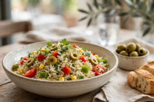 Fresh ensalada de arroz Spanish rice salad bowl with olives, peppers, tomatoes and corn on a restaurant table