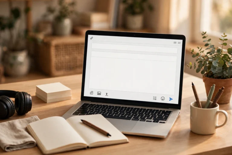 Laptop showing an online contact form addressed to Frank Fisher at TheStripesBlog, with a notebook of message notes beside it