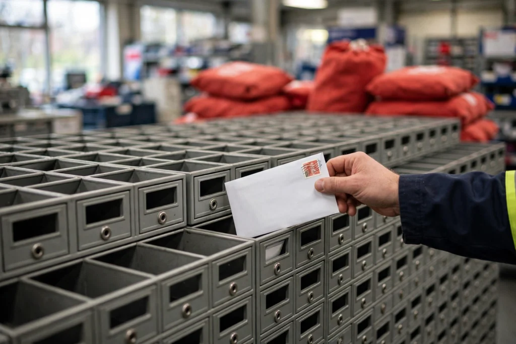 Worker placing a stamped envelope into numbered PO Box compartments inside a UK postal sorting office