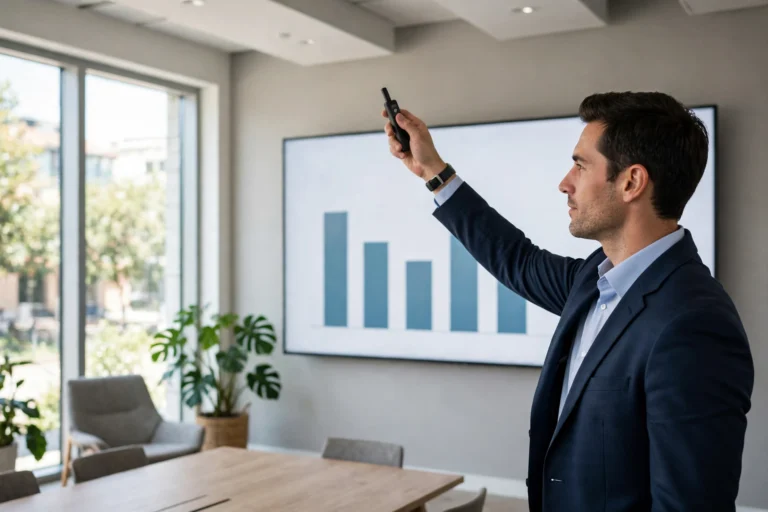 Presenter holding a wireless presentation clicker while facing a slide screen in a bright meeting room