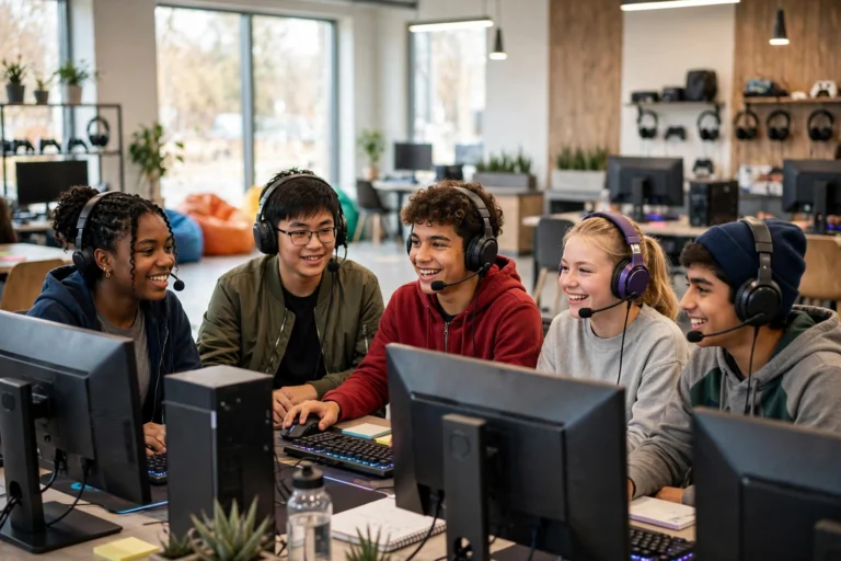 Esports players wearing headsets training together at a row of gaming PCs during a team practice session