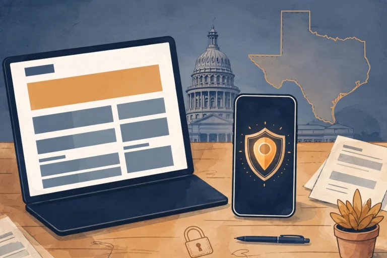 Reading social articles about TxEPC and Texas digital privacy on a laptop, with a smartphone location pin and shield beside a Texas outline