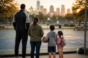 Anonymous basketball family at a community court at golden hour, seen from behind with a child holding a basketball